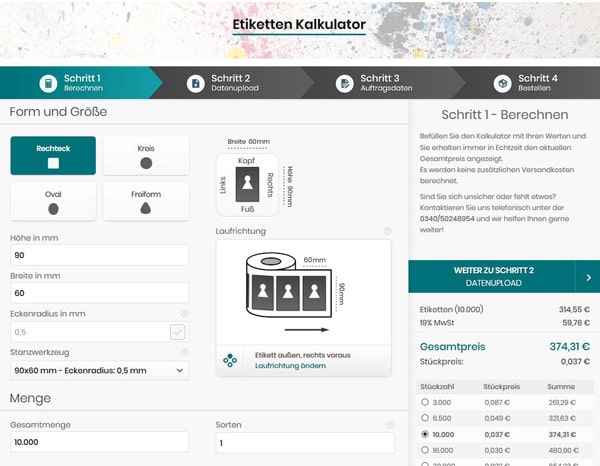 Der Etiketten-Kalkulator ist einfach zu bedienen und gibt ausführliche Auskünfte zum bestellten Produkt (Quelle: etikettensprint.de)