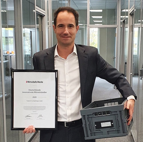 Frank Jäger nahm als einer der drei Geschäftsführer von Faubel die Urkunde „Deutschlands Innovativste Mittelständler“ entgegen (Quelle: Faubel)