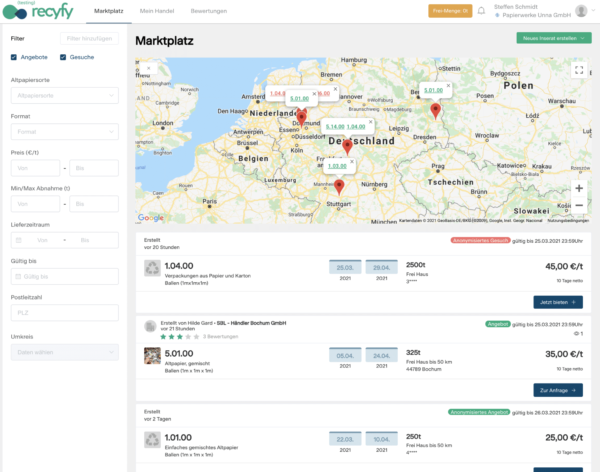 Screenshot des recyfy-Marktplatzes im Internet (Quelle: recyfy)