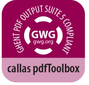 Die Ghent Workgroup bietet ein Konformitätslabel-Programm für angeschlossene Anbieter an, deren Produkte mit der Ghent PDF Output Suite 5 konform sind (Quelle: callas)