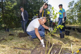 Etiketten Carini aus Lustenau pflanzte im April 2021 im Bleischwald bei Bludenz die ersten Jungbäume (Quelle: Etiketten Carini)