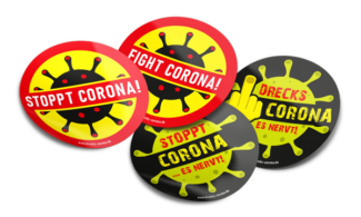 Die großen Aufkleber zur „Drecks Corona“-Aktion von Walker Etiketten kamen sehr gut an (Quelle: iba hartmann)