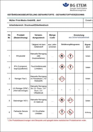 Beispiel für ein Gefahrstoff-Praxis-Anwendungsformular (Quelle: BG ETEM)