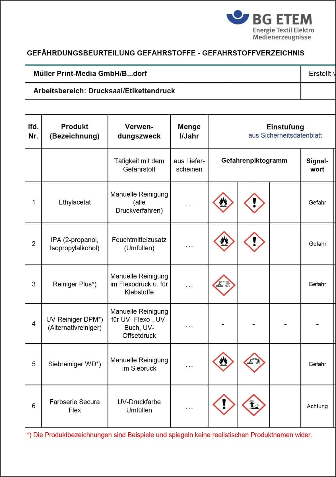 Beispiel für ein Gefahrstoff-Praxis-Anwendungsformular (Quelle: BG ETEM)