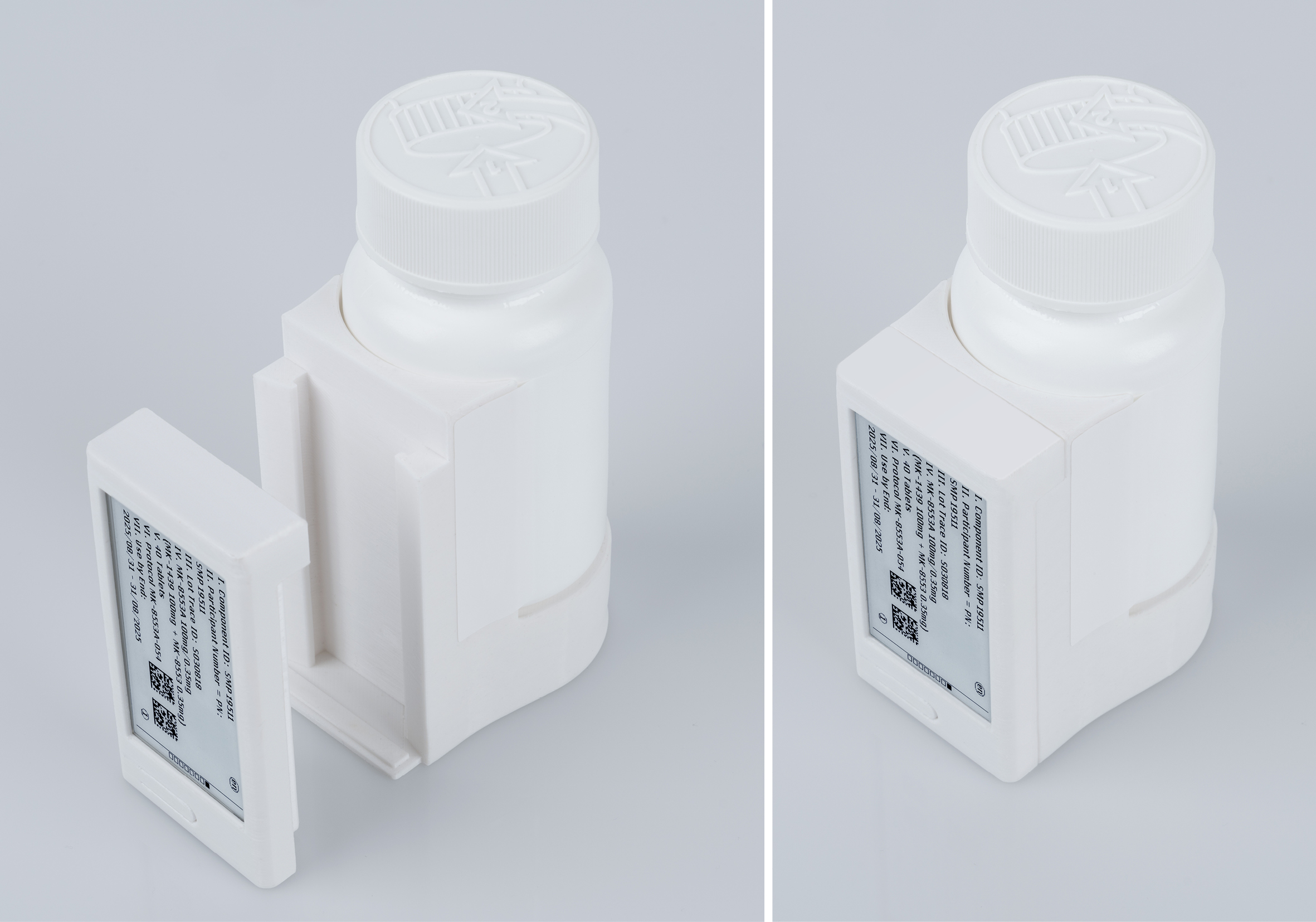 Ein wiederverwendbares Adapter-System aus Kunststoff ermöglicht die sichere Anbringung des Digital Display Labels an verschiedenste Verpackungsformen – von Blister-Wallets bis hin zu Vials (Quelle: Schreiner Group)