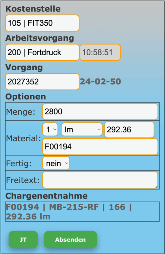 Alle Betriebsdaten auf einen Blick. Beispiel: Materialentnahme (Quelle: easykal) 