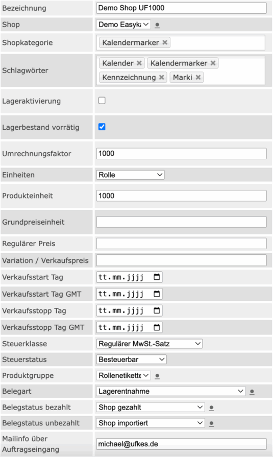 Alle Einstellungen des Artikels im Onlineshop lassen sich über Easykal steuern (Quelle: easykal)