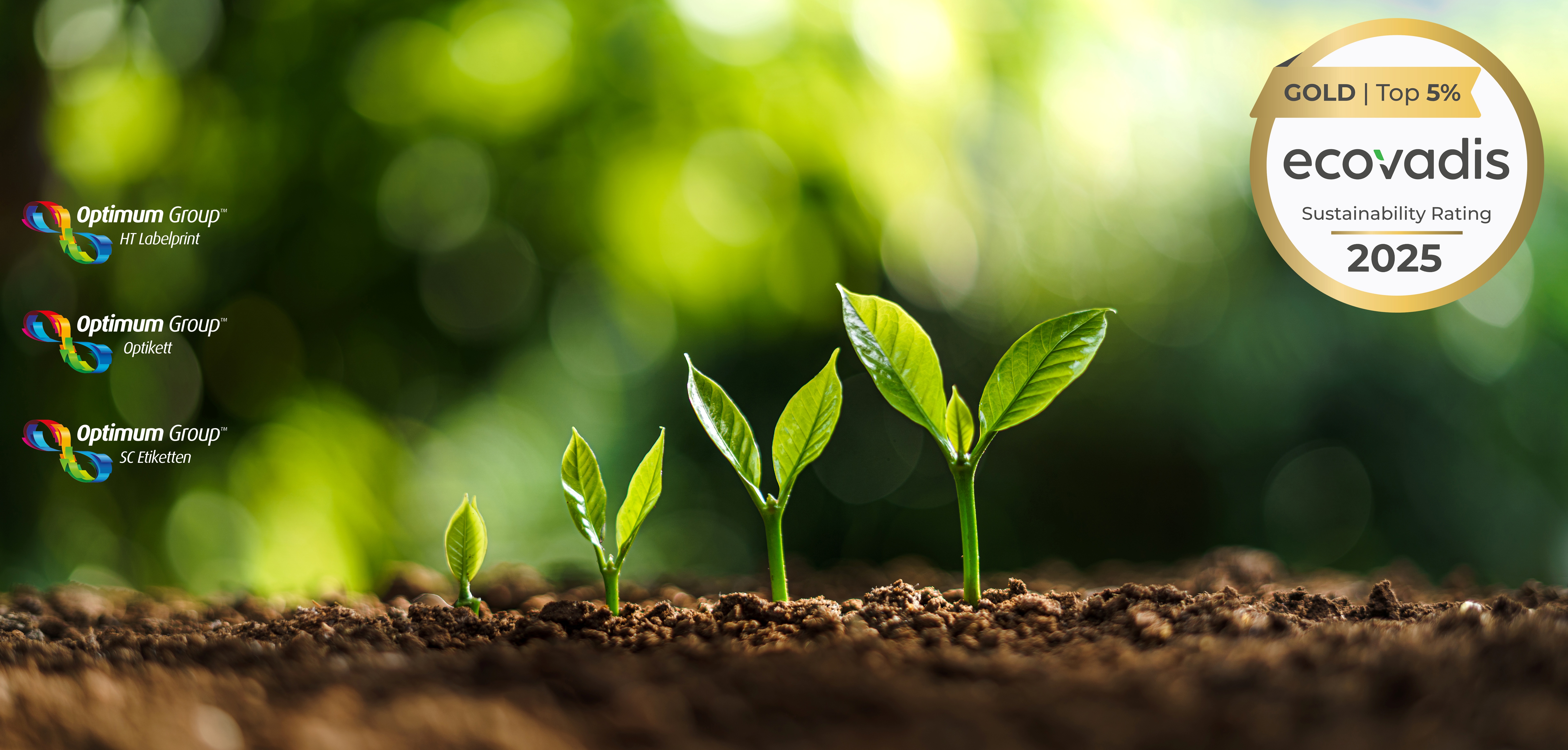 Die Unternehmen HT Labelprint, Optikett und SC Etiketten der Optimum Group zählen mit drei EcoVadis-Goldauszeichnungen zu den besten fünf Prozent (Quelle: EcoVadis)