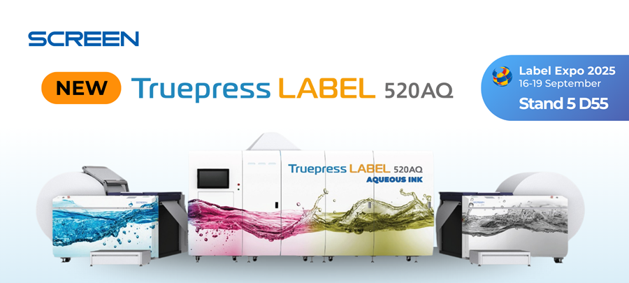 Screen erkundet auf der Labelexpo 2025 mit dem Projekt TruePress Label 520 AQ den wasserbasierten Digital-Tintenstrahldruck (Quelle: Screen)