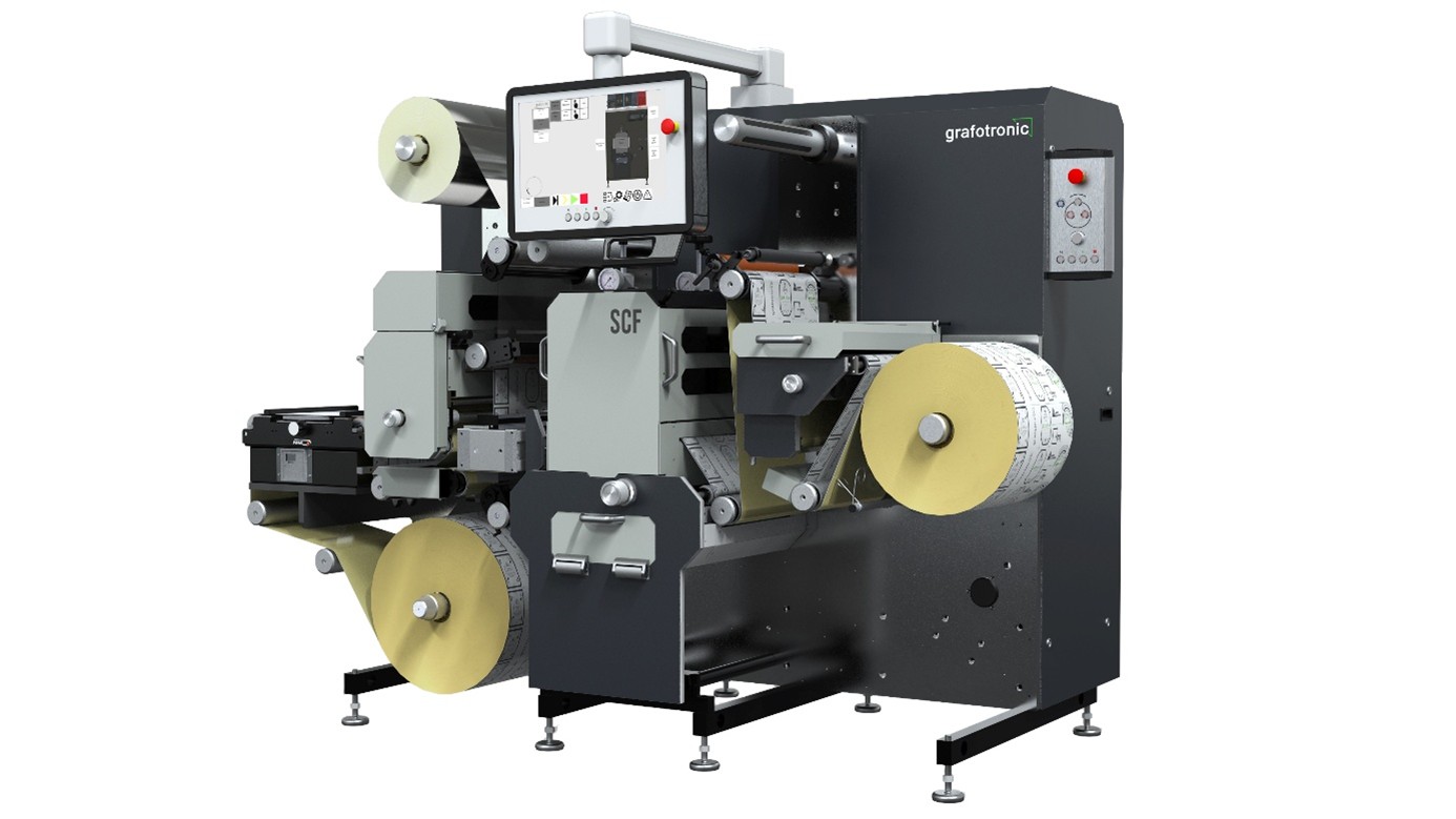 Die kompakte SCF-Weiterverarbeitungsmaschine von Grafotronic ist eine vollständig servogetriebene Maschine zum Endverarbeiten von digital vorbedruckten Etiketten (Quelle: Grafotronic)