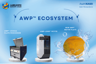 Das AWP™-Ecosystem ist eine nachhaltige Komplettlösung aus photopolymerbasierten Flexoplatten, einer All-in-One-Verarbeitungseinheit und einem Wasserkreislauf mit bis zu 90% Wasserrückführung (Quelle: Asahi Photoproducts)