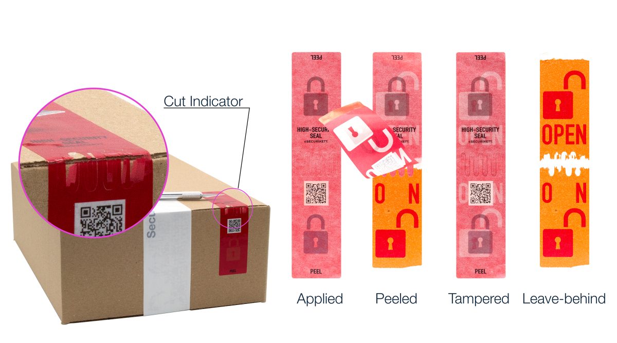 Beim Abziehen des Etiketts wird der irreversible VOID-Effekt sichtbar – ein deutliches Zeichen dafür, dass die Verpackung bereits geöffnet wurde (Quelle: Securikett)