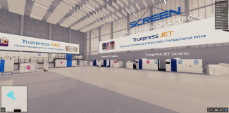 Der virtuelle Showroom von Screen ermöglicht eine interaktive Erkundung der digitalen Drucksysteme in einer 3D-Umgebung (Quelle: Screen)