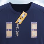 V.l.n.r.: Garment Security Label auf einem T-Shirt; aufgebracht, abgelöst, rückstandsfrei abgelöst, zurückgeklebt (Quelle: Securikett)