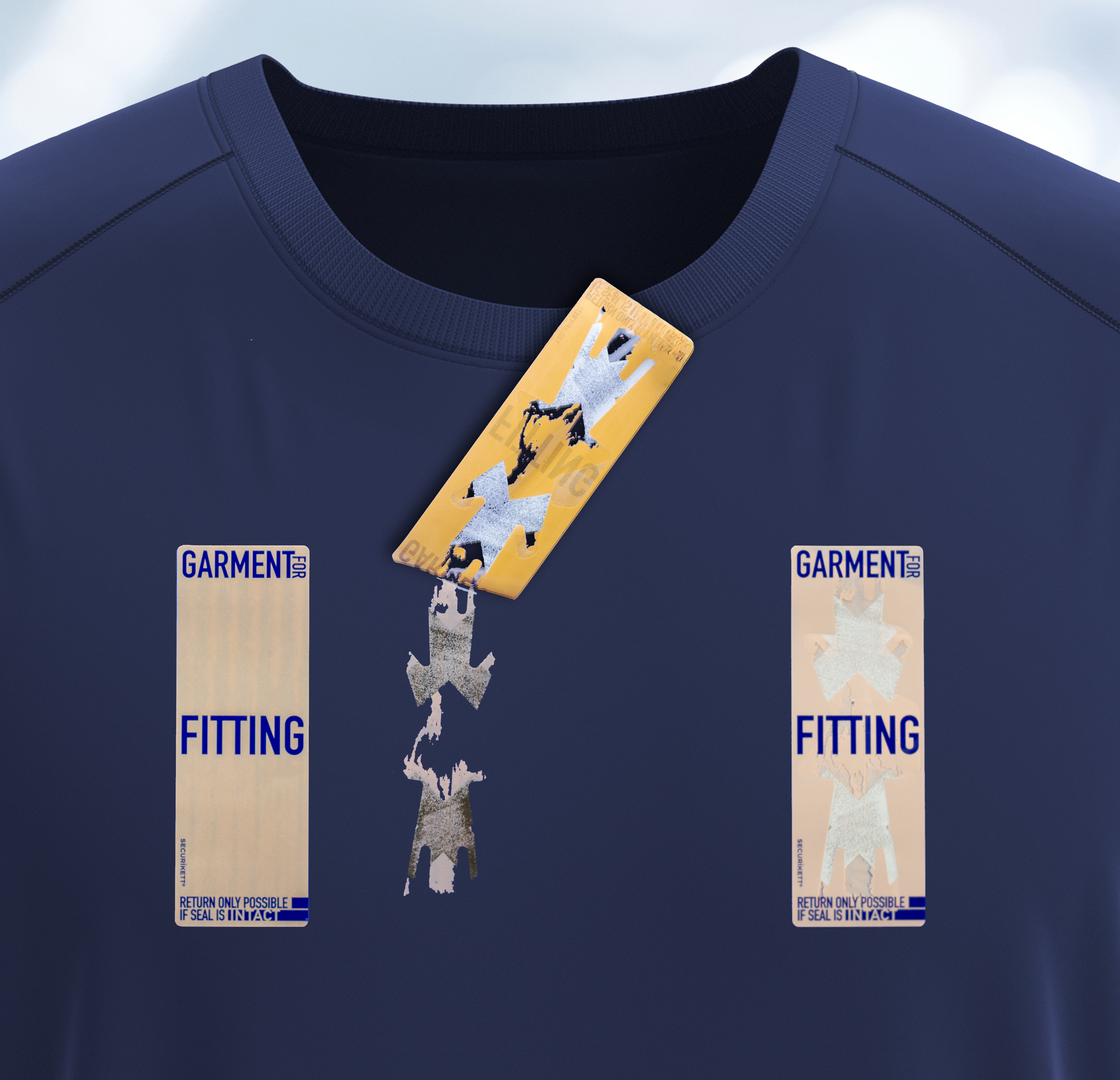 V.l.n.r.: Garment Security Label auf einem T-Shirt; aufgebracht, abgelöst, rückstandsfrei abgelöst, zurückgeklebt (Quelle: Securikett)