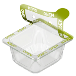 Deckeletikett mit VOID-Effekt und Belüftungslöchern für Tray- und Becherverpackungen (Quelle: Securikett)