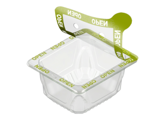 Deckeletikett mit VOID-Effekt und Belüftungslöchern für Tray- und Becherverpackungen (Quelle: Securikett)