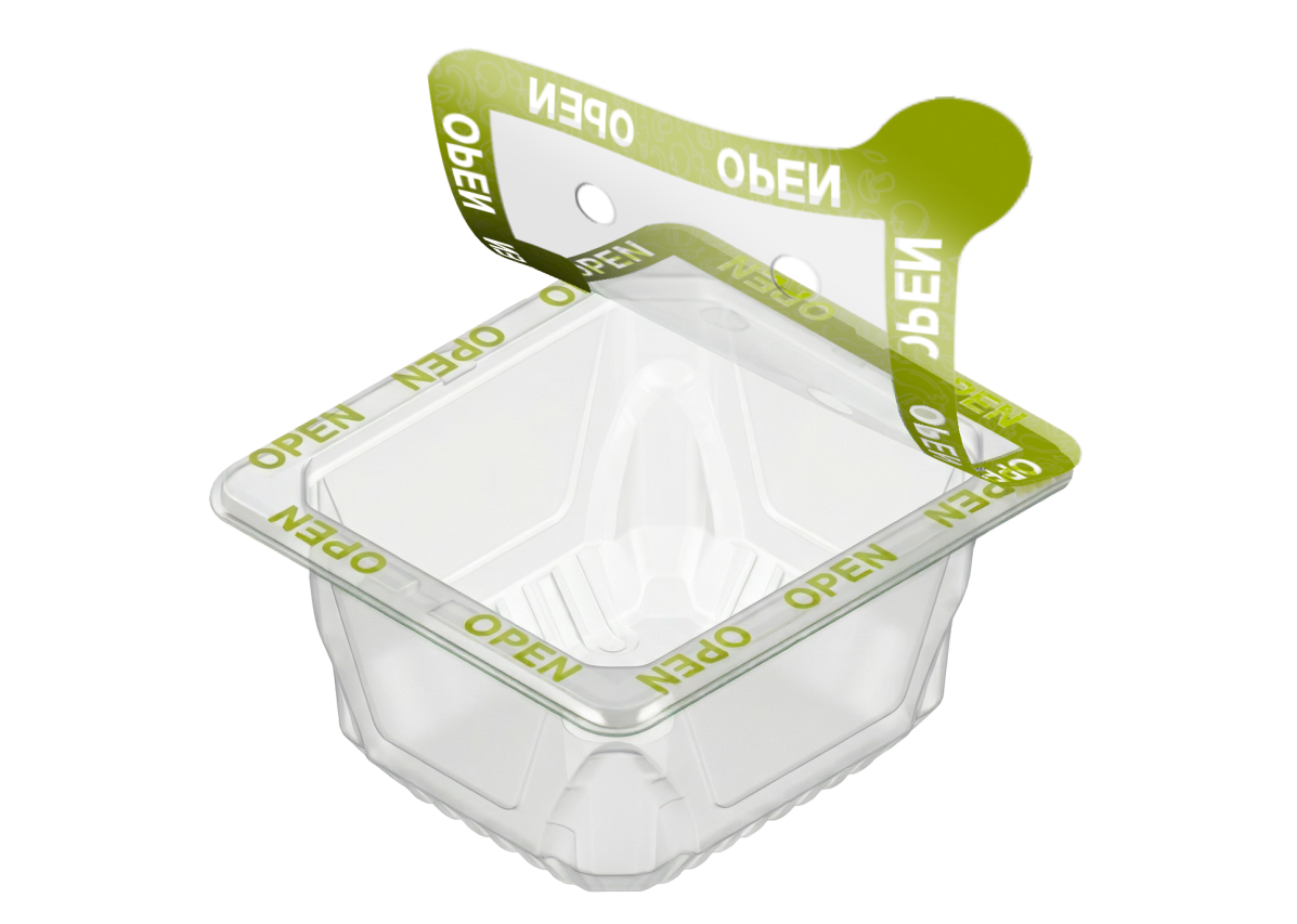 Deckeletikett mit VOID-Effekt und Belüftungslöchern für Tray- und Becherverpackungen (Quelle: Securikett)